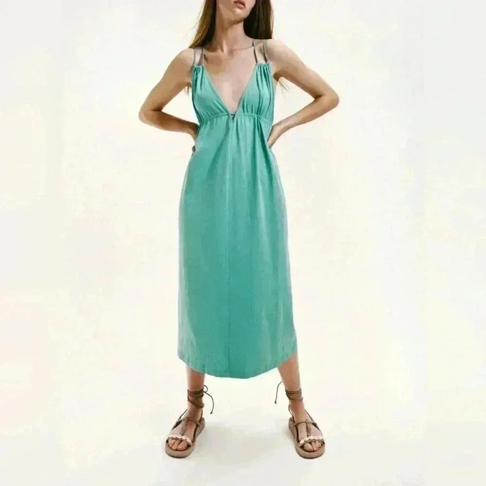 Zara Green Cotton Midi Dress‎ Size Medium